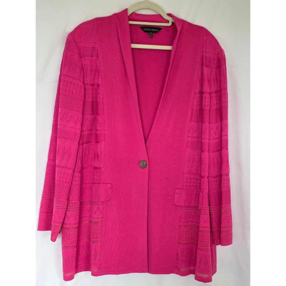 Ming Wang Magenta Pink Textured Knit Single Button Longline Blazer Jacket 1X